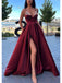 Burgundy A-line Spaghetti Straps High Slit Maxi Long Evening Prom Dresses, WGP266