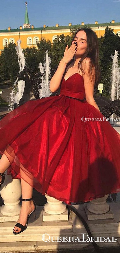 New Design Sweetheart Organza Burgundy Tea Length Ball Gown Graduation Homecoming Dresses, HDS0001