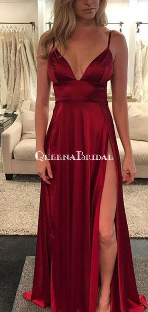 Spaghetti Straps Side Slit Simple Cheap Long Evening Prom Dresses, Cheap Sweet 16 Dresses, PDS0079