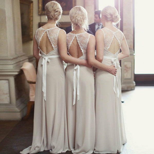 Round Neck Open Back Chiffon Long Cheap Bridesmaid Dresses Online, QB0137