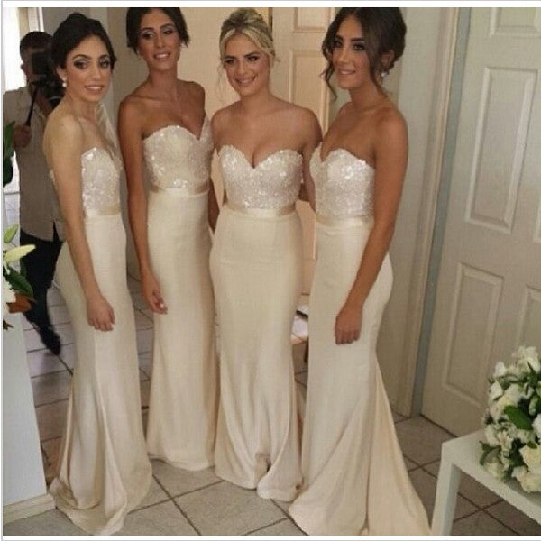 Elegant Mermaid Sweetheart Long Cheap Satin Bridesmaid Dresses with Sequin, QB0140