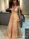 Charming  V-Neck Long Light Champagne Prom Dresses with Appliques, QB0492