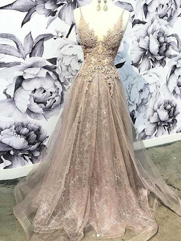 Champagne Long V Neck Appliques Prom Dresses With Beading, QB0612