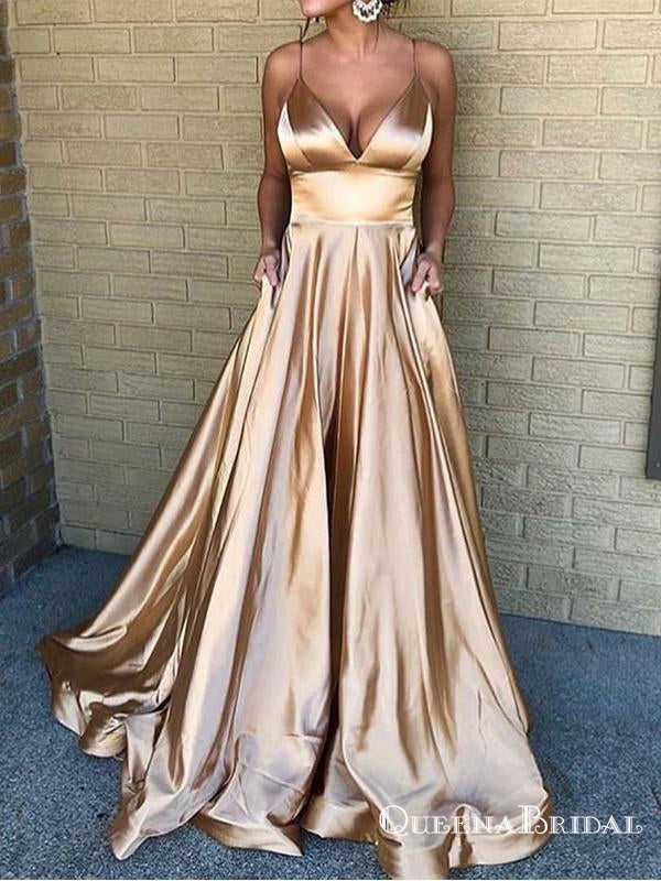 A-Line Spaghetti Straps Long Champagne Prom Dresses with Pockets, QB0524