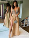 2019 Sparkly V-neck Backless Long Champagne Prom Dresses with Beading Split, QB0497