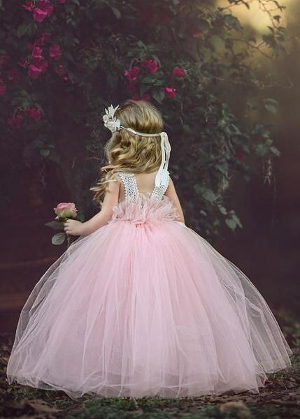 Cheap Tulle Sleeveless Light Pink Princess Ball Gown Flower Girl Dresses, QB0329