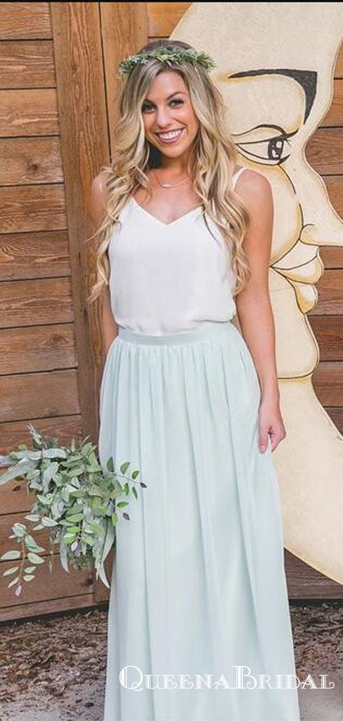 Two Piece White and Sage Chiffon Long Cheap Bridesmaid Dresses, QB0879