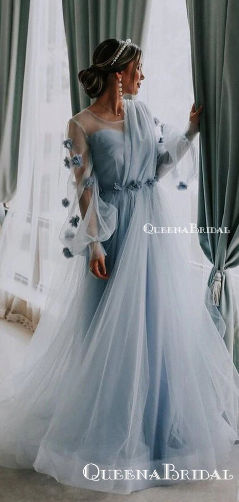 Newest A Line 3D Flowers Dubai Beauty Tulle Long Sleeves Light Blue Elegant A-line Long Cheap Prom Dresses, PDS0045