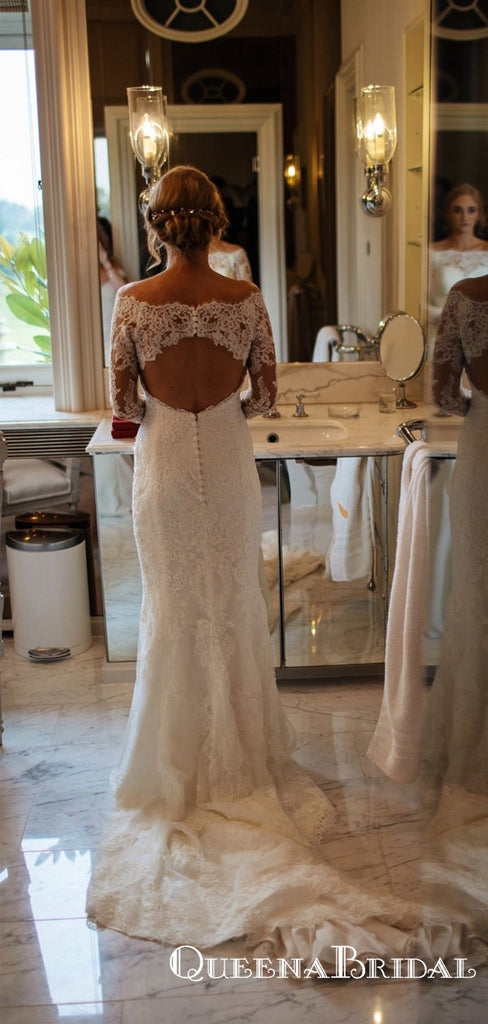 Elegant Off Shoulder Long Sleeve Lace Long Cheap Wedding Dresses, QB0855