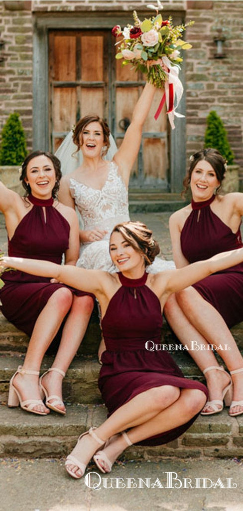 Simple Charming Halter Burgundy Satin A-line Long Cheap Tea-Length Bridesmaid Dresses, BDS0035