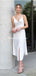 Spaghetti Strap V-neck White Side Slit Tea Lenghth Cheap Bridesmaid Dresses, BDS0107