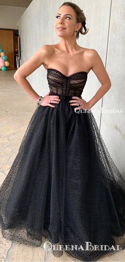 Sweetheart Sleeveless Charming Black Tulle A-line Long Cheap Formal Party Evening Prom Dresses, PDS0065