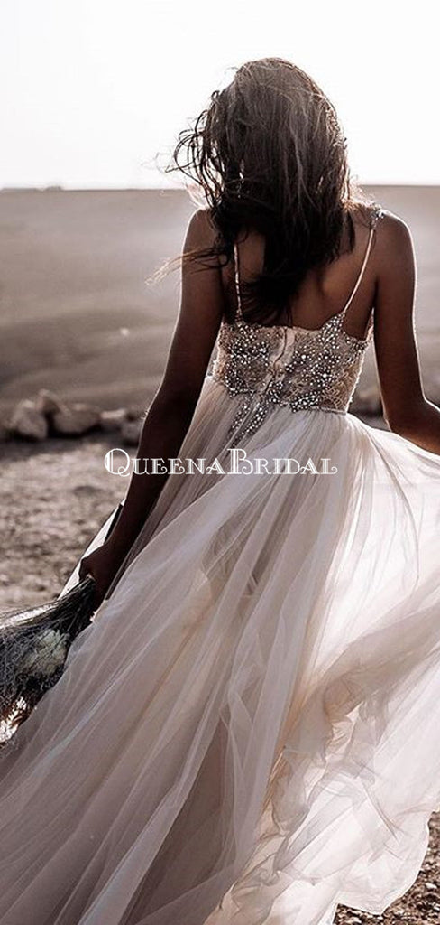 New Arrival V-neck Beaded Tulle A-line Long Cheap Beach Wedding Dresses, WDS0045