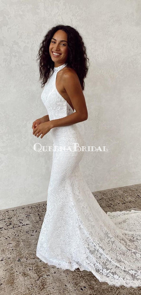 Elegant Halter Mermaid Lace Long Cheap Wedding Dresses, WDS0047