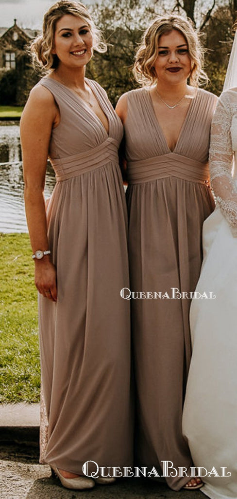 Sexy Deep V-neck Sleeveless Charming Simple Long Cheap Wedding Party Bridesmaid Dresses, QB0949