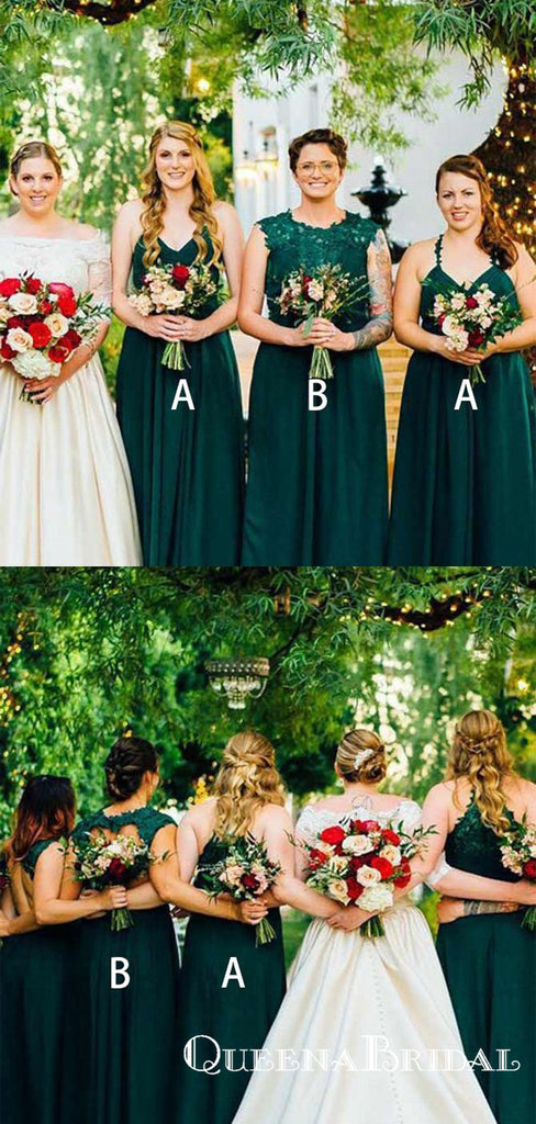 A-Line Spaghetti Straps Dark Green Chiffon Bridesmaid Dresses with Lace, QB0703