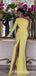 Newest Simple Charming One Shoulder Long Sleeves Yellow Chiffon Long Cheap Side Slit Prom Dresses, QB0926