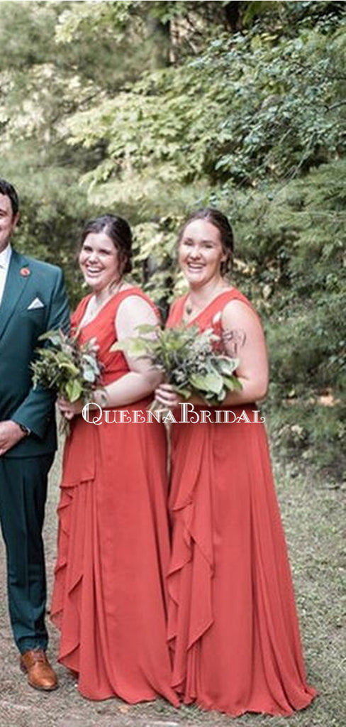 Popular V-neck Coral Chiffon Long Cheap Bridesmaid Dresses, BDS0114