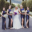 Mermaid Round Neck Side Split Dark Blue Sequin Long Cheap Bridesmaid Dresses Online, QB0036