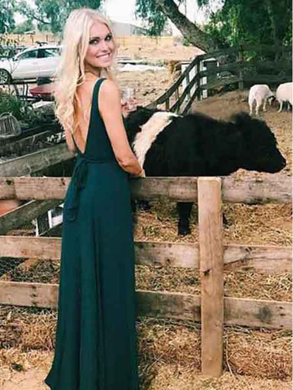 Dark Green V-neck Long Cheap Simple Prom Dresses, QB0466