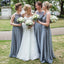 Elegant Round Neck Long Cheap Dark Grey Satin Bridesmaid Dresses with Lace, QB0173