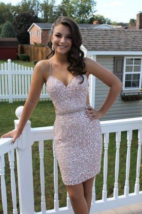 Sexy Pink Spaghetti Straps Sequins Sheath 2019 Homecoming Dresses, QB0887