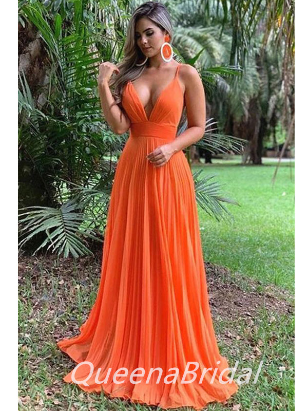 Simple Orange A-line Spaghetti Straps Maxi Long Evening Prom Dresses, WGP259