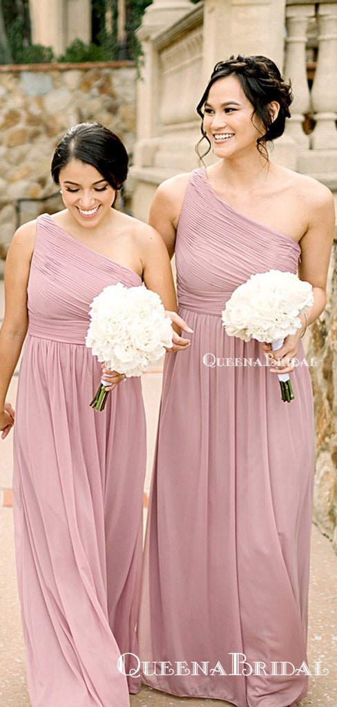 Charming One Shoulder Dusty Pink Chiffon A-line Long Cheap Bridesmaid Dresses, BDS0031