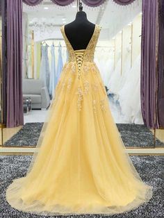 A Line V Neck Modest Cheap Long Yellow Prom Dresses With Applique, QB0691