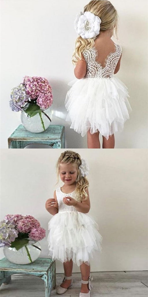 Ball Gown Jewel V-Back Tiered Tulle Cheap Flower Girl Dresses with Lace, QB0080