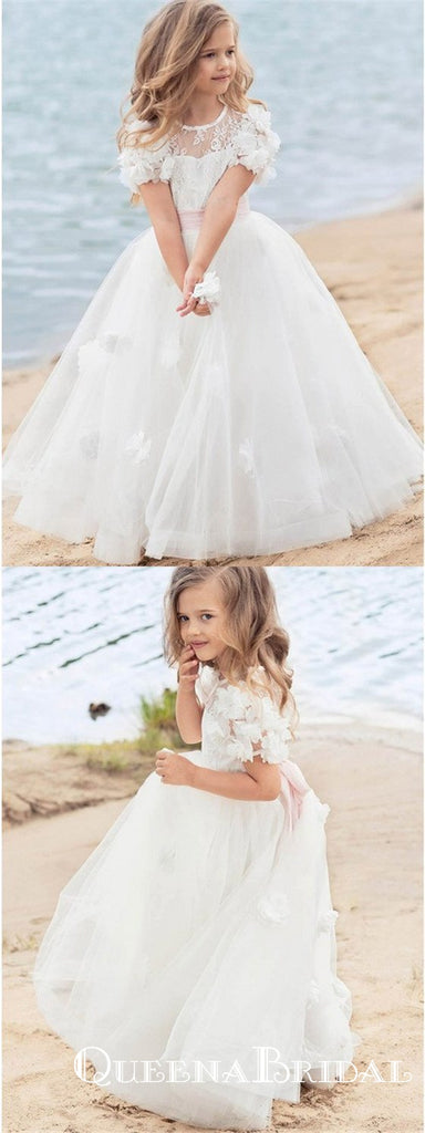 A-Line Scoop Neck White Floor Length Flower Girl Dresses with Appliques, QB0824