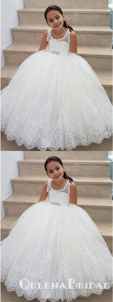 A-Line Scoop Neck White Floor Length Flower Girl Dresses with Appliques, QB0827