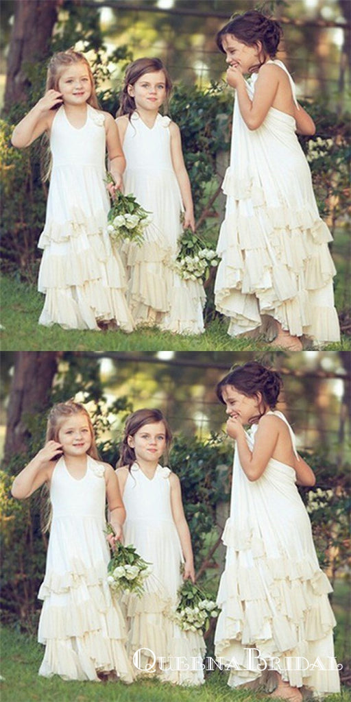 Halter Ivory Chiffon Long Cheap Flower Girl Dresses with Ruffles&Handmade Flowers, QB0224