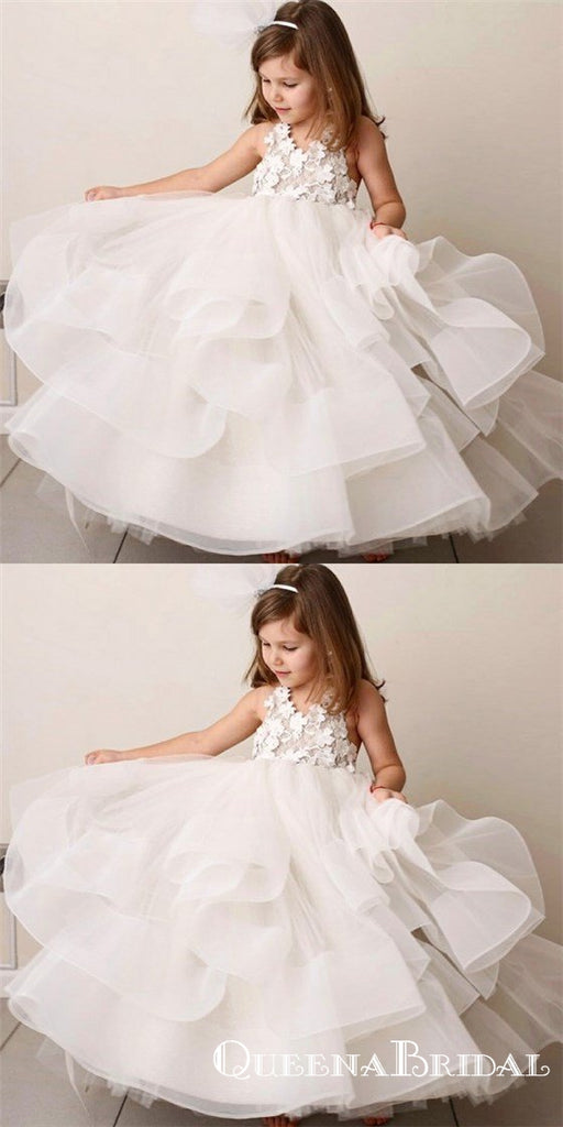 A-Line Round Neck Tiered White Organza Flower Girl Dresses with Lace Applique, QB0076