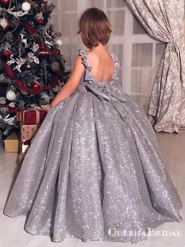 Ball Gown Sparkly Silver Sequin Backless Long Cheap Flower Girl Dresses, FGS0010