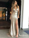 Mermaid Deep V-Neck Long Champagne Sequined Split Prom Dresses, QB0491