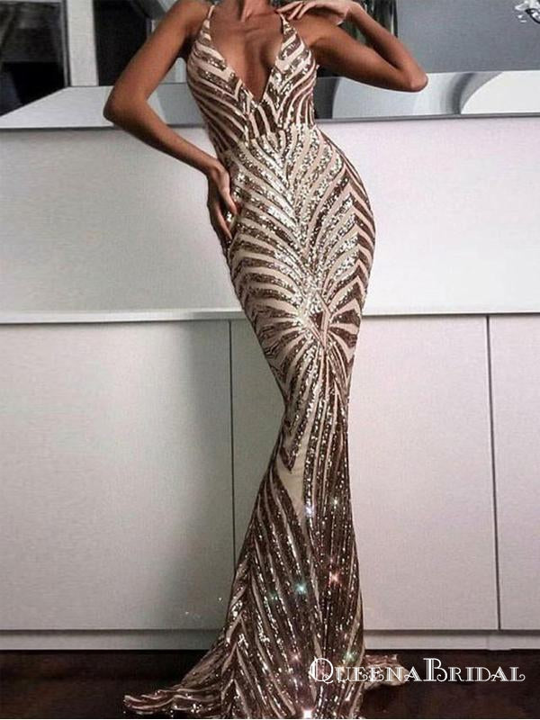 Elegant Spaghetti Straps Gold Sequined Mermaid Long Formal Prom Dresses, QB0580