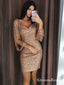 Sheath V-Neck Short Gold Sequined Homecoming Dresses with Long Sleeves, QB0881