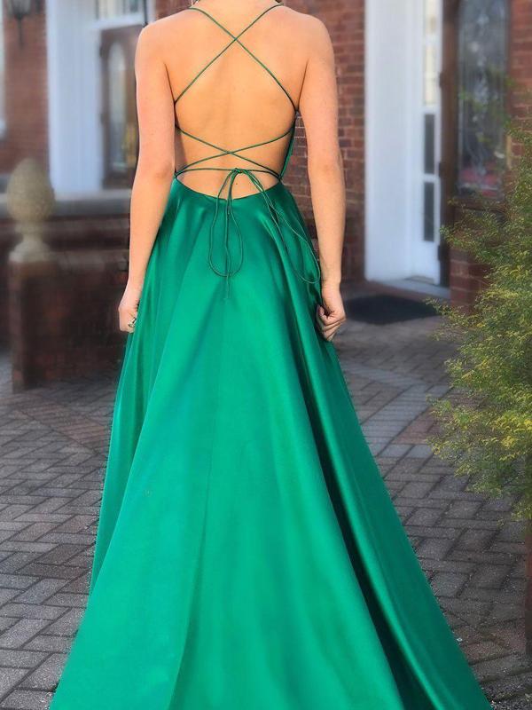 Green Prom Dresses with Pocket Long Backless Slit Formal Evening Ball Gowns, QB0336