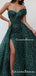 One Shoulder New Arrival Green Off-The-Shoulder Side Slit Sparkly Lace Long Prom Dresses, QB0955