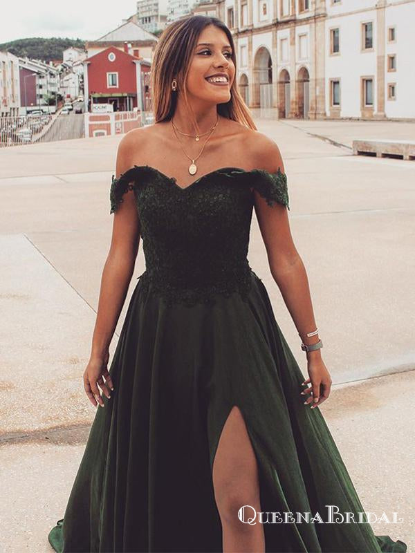 A Line Off The Shoulder Green Long Cheap Prom Dresses With Appliques Split, QB0686