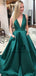 Simple V-neck Emerald Green A-line Long Evening Prom Dresses, QB0449