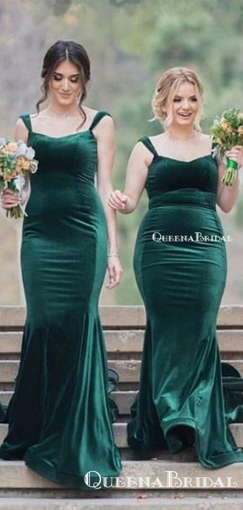 Charming Spaghetti Strap Green Velvet Mermaid Long Cheap Bridesmaid Dresses, BDS0047