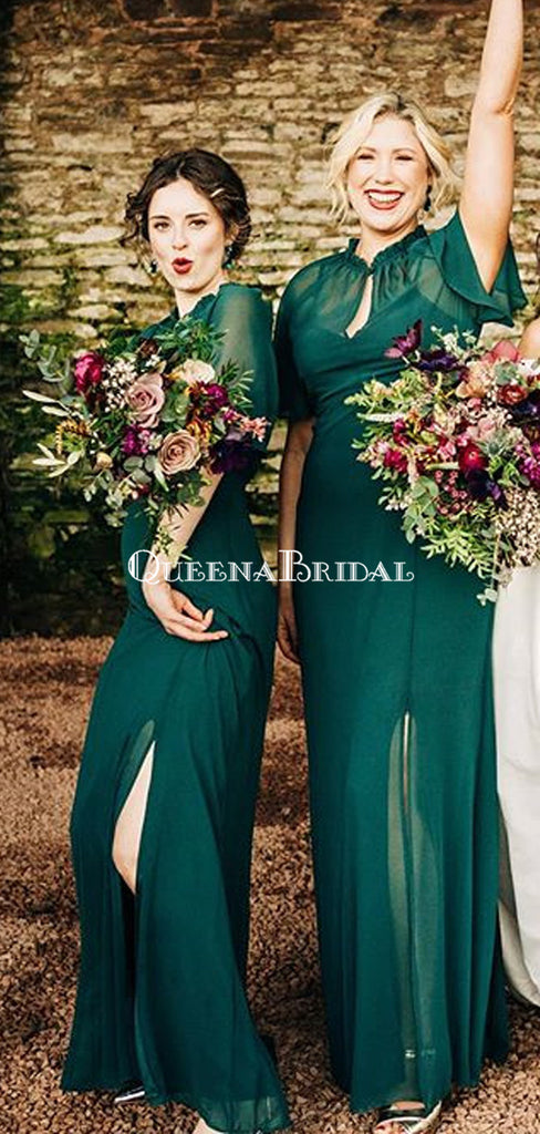 Newest High Neck Short Sleeve Green Chiffon Side Slit Long Bridesmaid Dresses, BDS0110