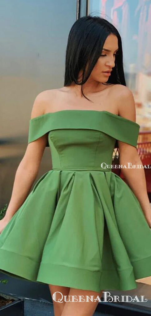 Cute Off Shoulder Short Green Formal Party Homecoming Dresses, HDS0002