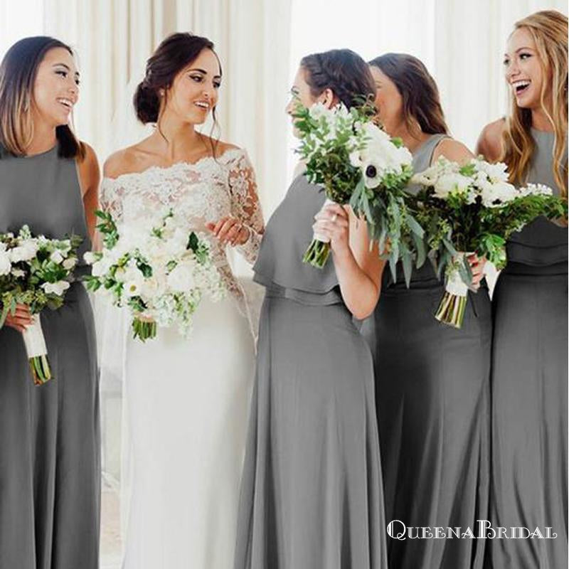 Grey Scoop Neck Sleeveless A Line Long Chiffon Bridesmaid Dresses, QB0673