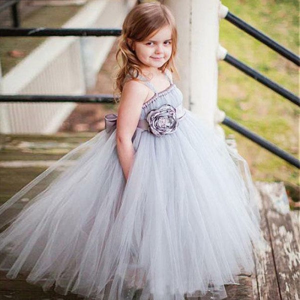 A-Line Square Neck Long Cheap Grey Tulle Flower Girl Dresses with Bow Knot, QB0082