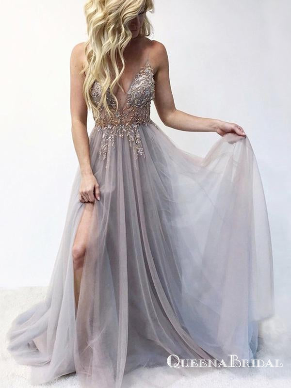 A Line Spaghetti Straps Grey Long Prom Dresses With Beading Split, QB0585