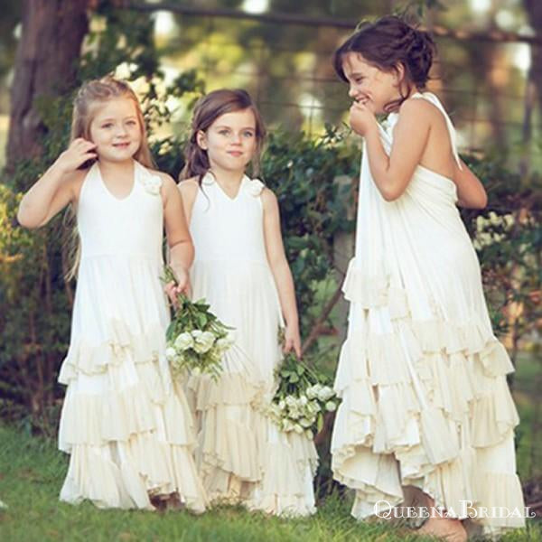 Halter Ivory Chiffon Long Cheap Flower Girl Dresses with Ruffles&Handmade Flowers, QB0224