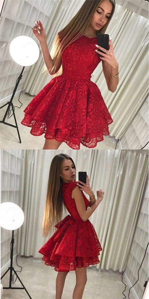 Red Cap Sleeve Lace Cheap Short Homecoming Dresses with Bow Knot, QB0211